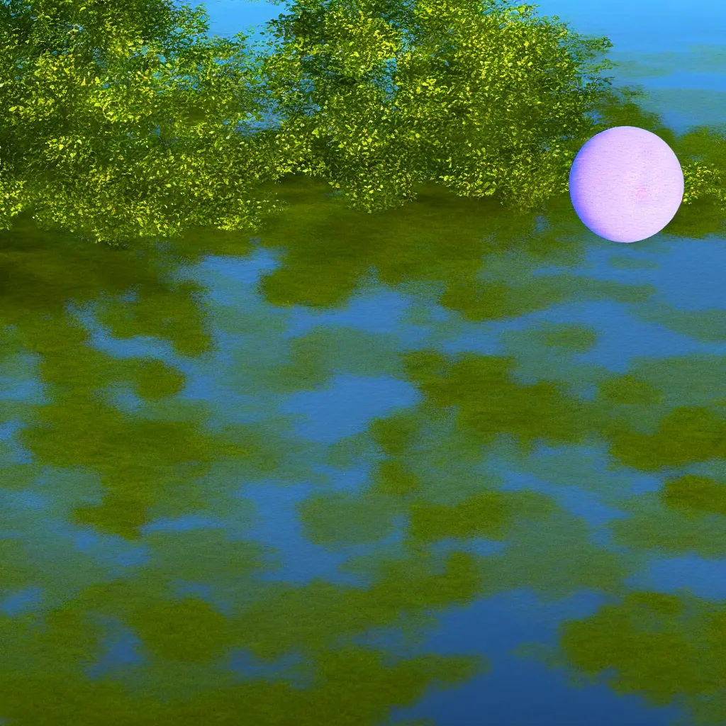 Image similar to a fuzzy orb floating on a pond, calm water, photorealistic, 4 k, detailed, reflection