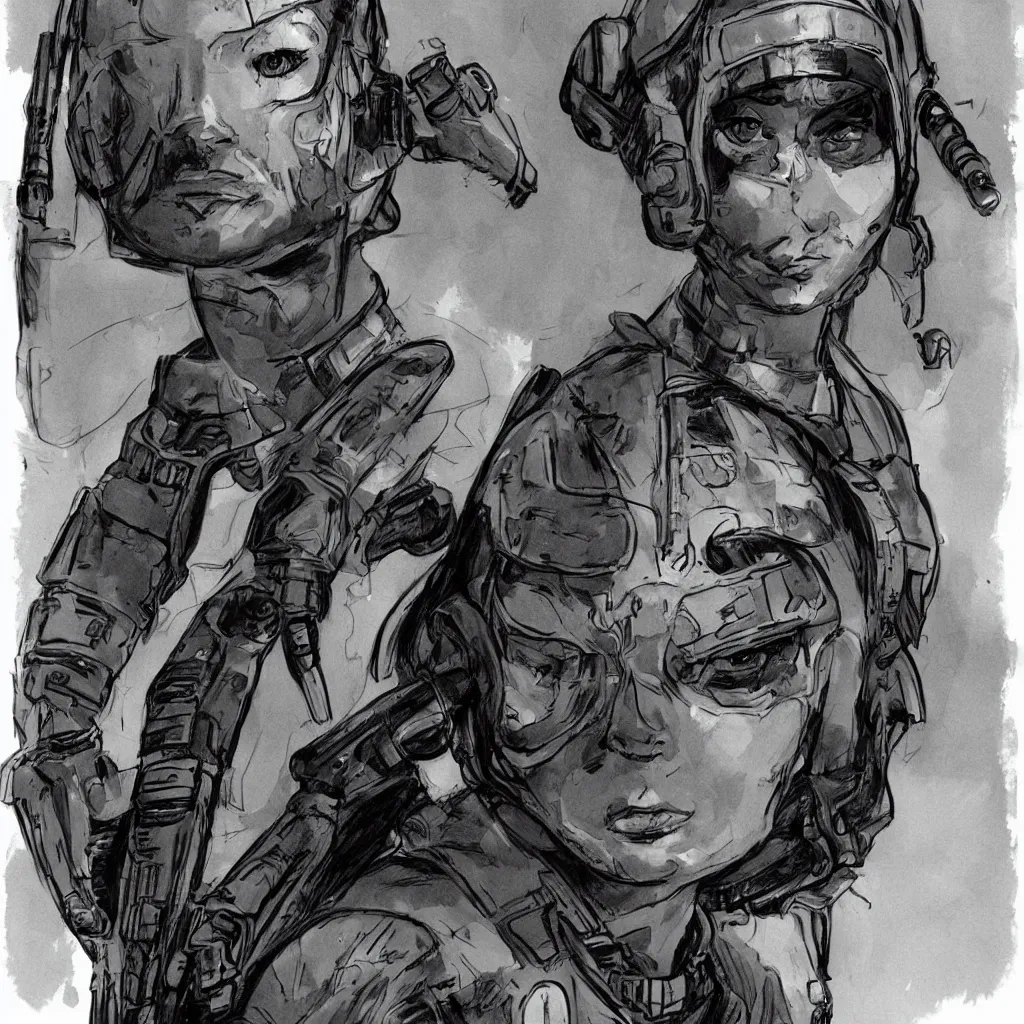 Prompt: beautiful portrait of a young futuristic female soldier, frank miller style, sketch