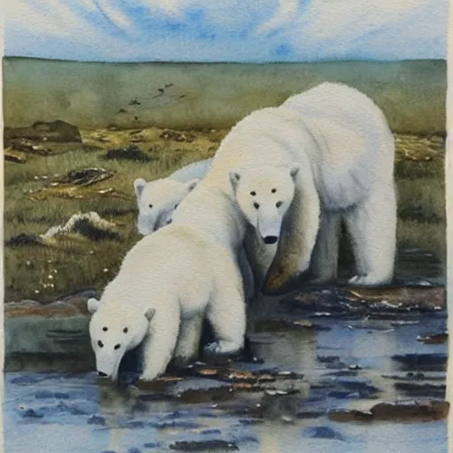 Image similar to an idyllic pastoral watercolor of polar bears fighting
