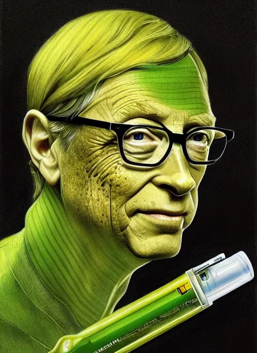 Image similar to bill gates as a reptile with green scales and yellow vertical pupills!!!, holding a syringe!!, portrait, intricate, elegant, highly detailed, digital painting, artstation, concept art, wallpaper, smooth, sharp focus, illustration, art by h. r. giger and artgerm and greg rutkowski and alphonse mucha