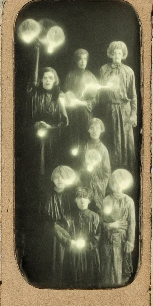 Image similar to spirit group photography with glowing bulbous ectoplasm, scary shadow people, sleep paralysis demon, 1 9 0 0 s, slimer, invoke fear and dread, old photograph, daguerreotype