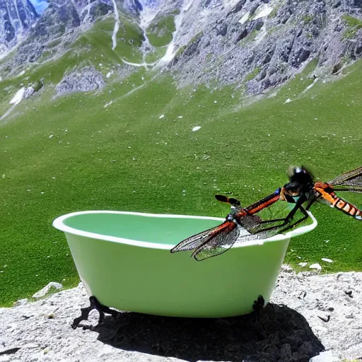 Image similar to dragonfly in a bathtub in the alps, goats!! in background