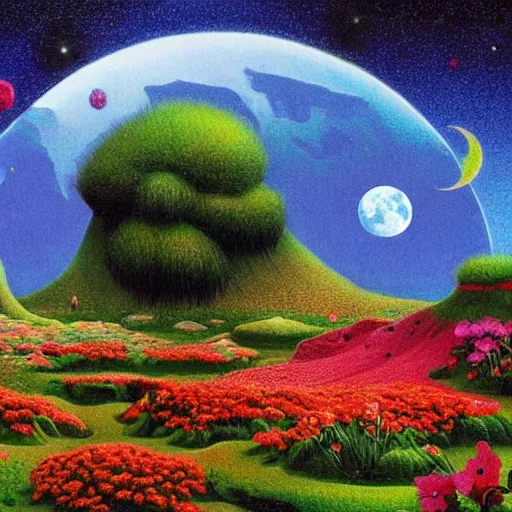 Image similar to a landscape on the moon with many craters, barren moon landscape, a broken moon lander, in a big crater at the center there is a beautiful flowering garden, 8 k, lowbrow in the style of martin johnson heade, roger dean and daniel merriam,
