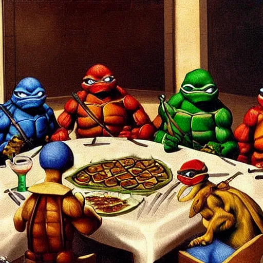 Image similar to teenage mutant ninja turtles are sitting at the table. da vinci. secret supper. there is a cola on the table. pizza on the table. realistic oil painting on canvas