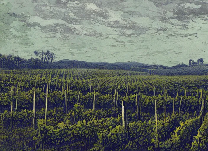 Prompt: blue woodcut vineyard landscape by greg rutkowski, fine details, highly detailed