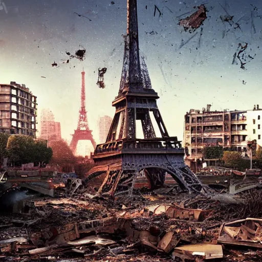 Image similar to A beautiful intricate 8K award-winning ground-level cinematic movie photograph of the future rusting rubble of the fallen and decimated Eiffel Tower, lying in pieces on the ground, surrounded by neon and collapsing corporate video billboard displays. in the year 2050, by Bruno Delbonnel and greg rutkowski. octane render, Arri Alexa 65. Cinematic lighting