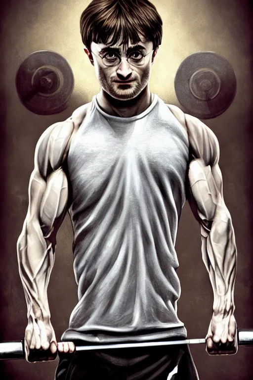 Image similar to highly detailed rendering of Daniel Radcliffe as Harry Potter doing barbell back squats, dingy workout gym, wearing a muscle tee shirt, muscular deep squats, symmetrical, highly detailed, digital painting, artstation, concept art, smooth, sharp focus, illustration, cinematic lighting, art by artgerm and greg rutkowski and alphonse mucha