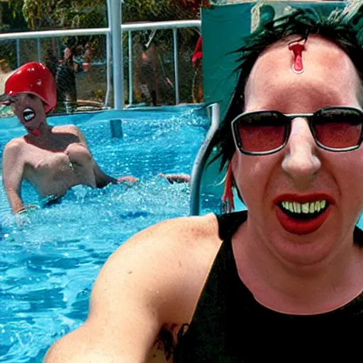 Prompt: marilyn manson working as a lifeguard at the waterpark