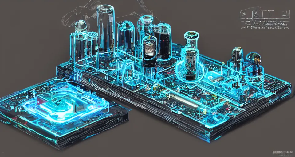 Image similar to product photography framing. digital paint krita render of a small square fantasy vacuum - tube motherboard made and powered by crystalline circuitry. trending on artstation. premium print by angus mckie