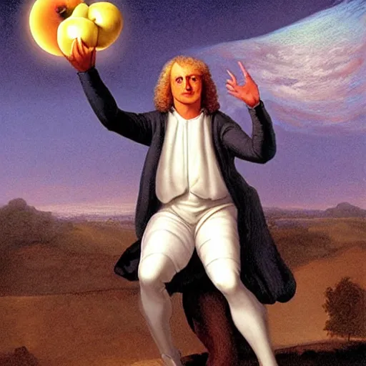Prompt: Isaac Newton holding an apple and looking at the moon, by Greg Hildebrandt