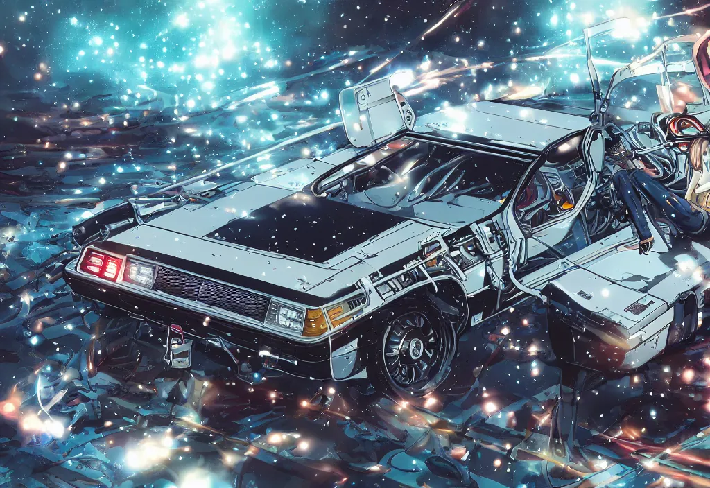 Image similar to An anime art of one delorean, digital art, 8k resolution, anime style, high detail, lowrider style, wide angle