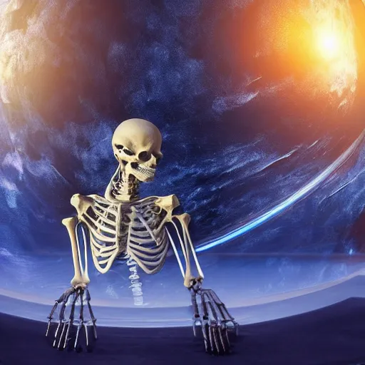 Prompt: A human skeleton in a museum with a holographic planet Earth next to it, science fiction, book cover