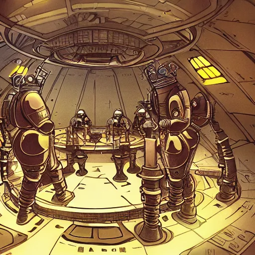 Image similar to astronauts of the round table, king arthur in space concept art, high details, intricate details, cinematic light