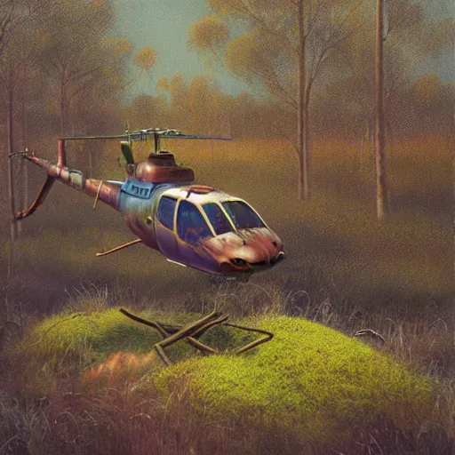 Prompt: hyper realistic painting of an australian landscape an abandoned rusted helicopter covered with moss. by _ simonstalenhag