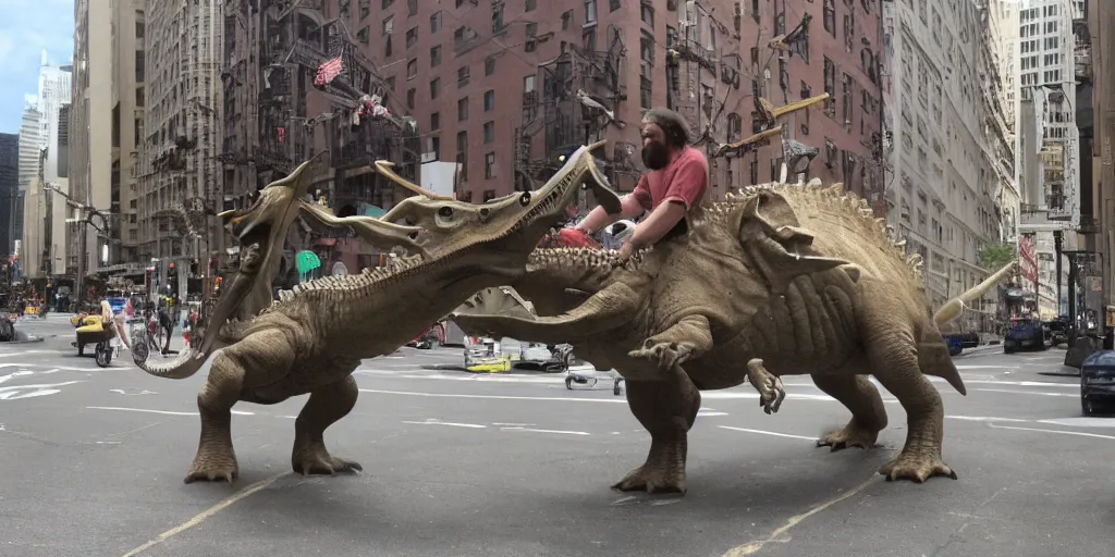 Prompt: Jesus riding a dinosaur in downtown Manhattan