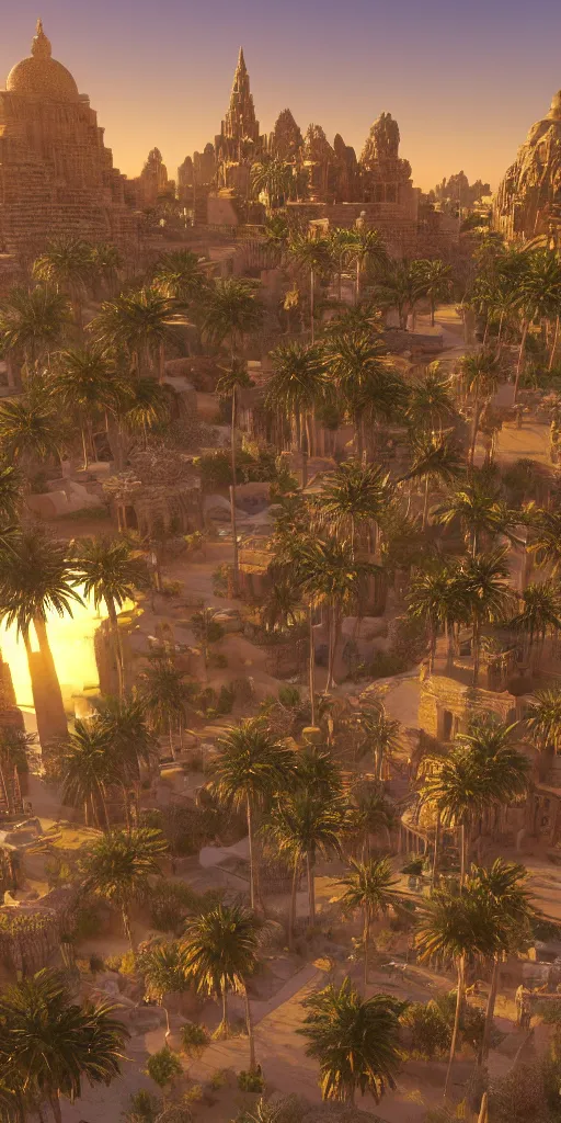 Image similar to eye level view of a golden detailed babylon tower, fantasy, golden hour, photorealism, arid mountains and palm forest, unreal engine