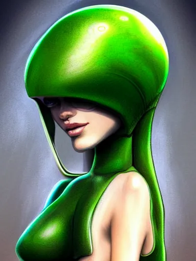 Prompt: green alien girl, portrait, digital painting, elegant, beautiful, highly detailed, artstation, concept art