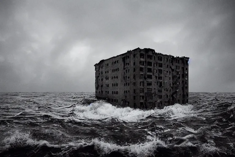 Prompt: danila tkachenko, low key lighting, an abandoned high soviet apartment building in the middle of the stormy ocean, a shipwreck, storm, lighning storm, crashing waves, dramatic lighting