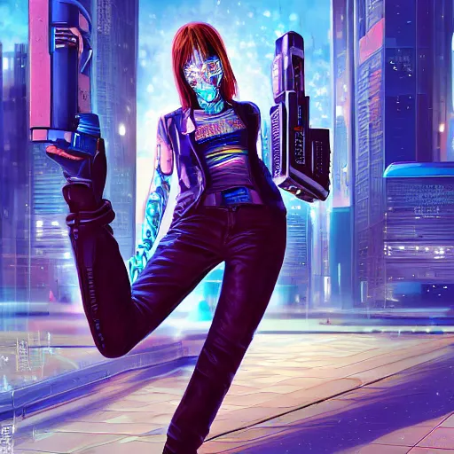 Image similar to symmetrical, full body portrait of a cyberpunk teenage girl on a futuristic skateboard holding a parcel under one arm and a magnetic harpoon in her opposite hand, grinning slyly, City lighting, depth of field, photography, saturated colors, highly detailed, by Stanley Artgerm Lau, WLOP, Rossdraws, James Jean, Andrei Riabovitchev, Marc Simonetti, and Sakimichan, 4k resolution