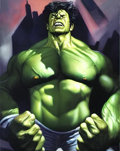 Prompt: a moody oil painting of the incredible hulk looking angry at noon in a city by alex ross.