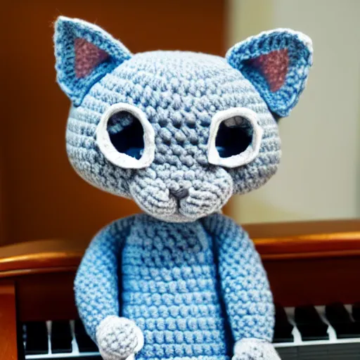 Image similar to product image of a crochet gray cat in light blue shirt playing crochet piano. beautifully made, very detailed, studio lighting, high quality, high resolution