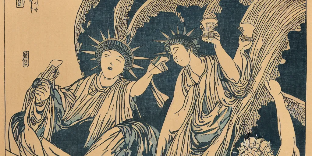 Image similar to i, Statue of liberty by Hokusai