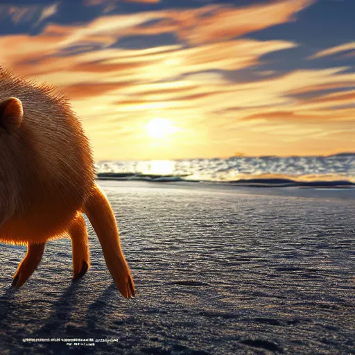 Image similar to a closeup photorealistic photograph of a cute smiling knitted capybara chasing a beachball at sunset. professional capture. this 4 k hd image is trending on artstation, featured on behance, well - rendered, extra crisp, features intricate detail, epic composition and the style of unreal engine.