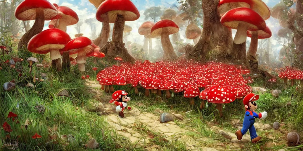 Prompt: Super Mario walking through the Mushroom Kingdom, Super Mario Theme, hundreds of red and white spotted mushrooms, by Stanley Artgerm Lau , greg rutkowski, thomas kindkade, alphonse mucha, loish, norman Rockwell