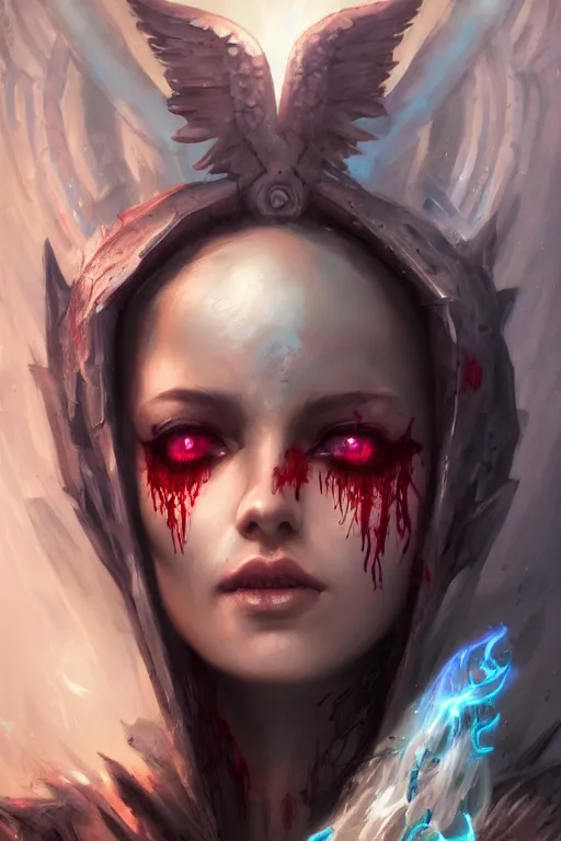 Prompt: face closeup beautiful girl necromancer covered in blood, wizard of the coast casting magic spell, angel, magic storm and thunder clouds, fantasy, magic the gathering, hyper detailed, 3 d render, hyper realistic detailed portrait, peter mohrbacher