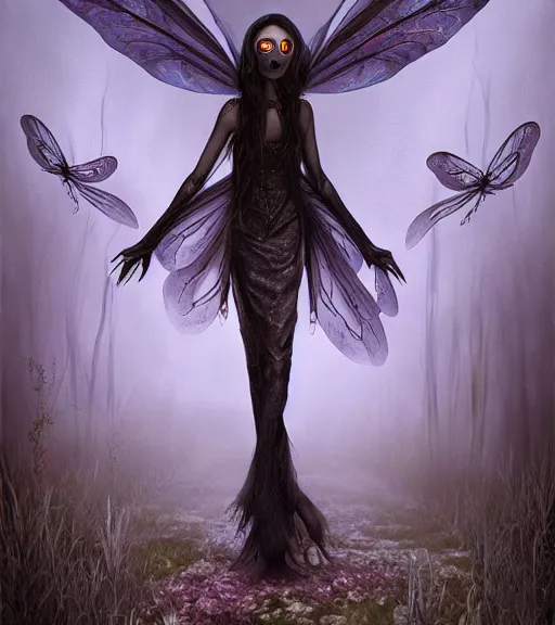 Image similar to gothic fairy with dragonfly wings, digital painting, liminal eerie midnight backlit, a picture taken by Michael Komarck