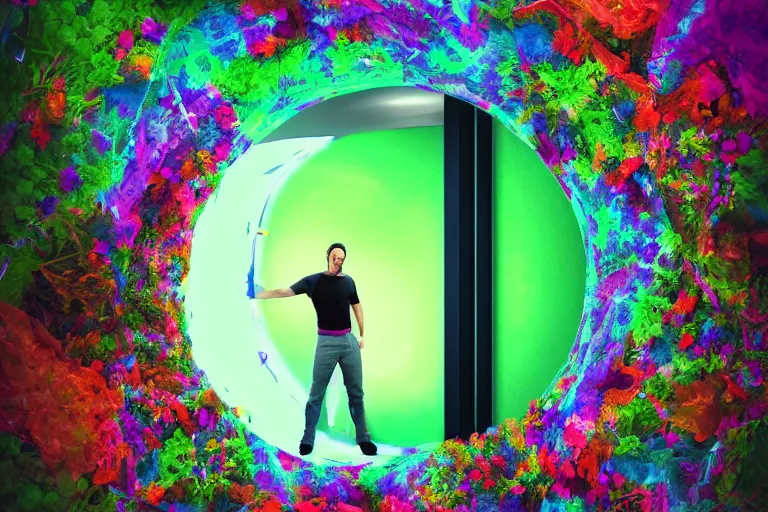 Image similar to guy standing in spinning portal where he can see himself in the future, trippy, weird, colorful, artstation, realistic, climbing plants