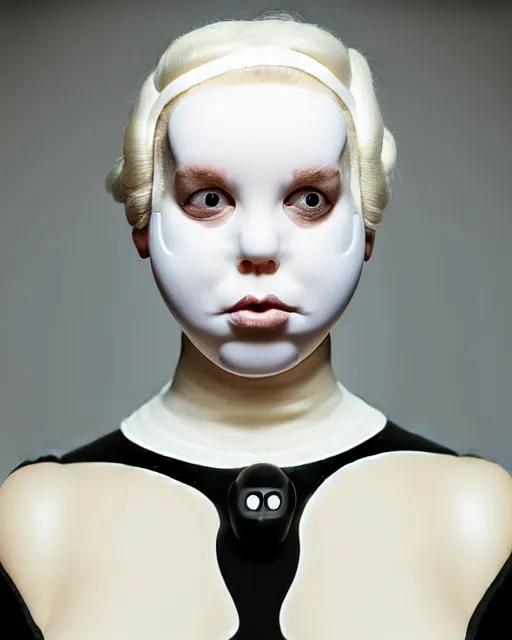 Prompt: symmetrical portrait of a curvy woman wearing a silicone embroidered pueple beauty mask and white hair buns, wearing a black bodysuit by alexander mcqueen, cream white background, soft light, biotechnology, humanoide robot, bjork aesthetic, translucent, by rineke dijkstra, intricate details, highly detailed, masterpiece,