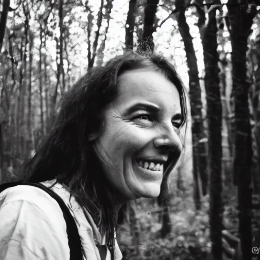 Prompt: woman smiling at the camera in the woods, found footage, black and white, creepy, 8 mm, analog