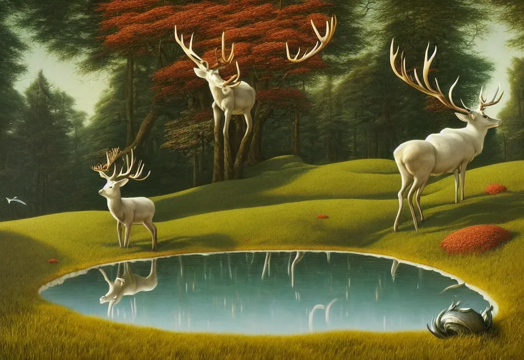 Prompt: hyper detailed 3d render like a Oil painting - white stag drinking from reflecting pool in a peaceful lush meadow, by Jacek Yerka, Mariusz Lewandowski, Houdini algorithmic generative render, Abstract brush strokes, Masterpiece, Edward Hopper and James Gilleard, Zdzislaw Beksinski, Mark Ryden, Wolfgang Lettl, hints of Yayoi Kasuma, octane render, 8k