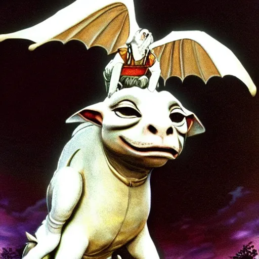 Image similar to Michael Jackson riding on top of Falkor from the film The Neverending Story