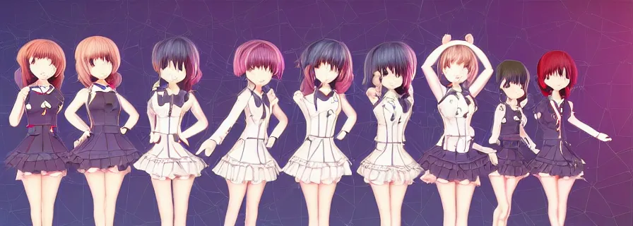 Prompt: pattern of anthropomorphic social 3 d anime girls accompanying artificial intelligence blueprint