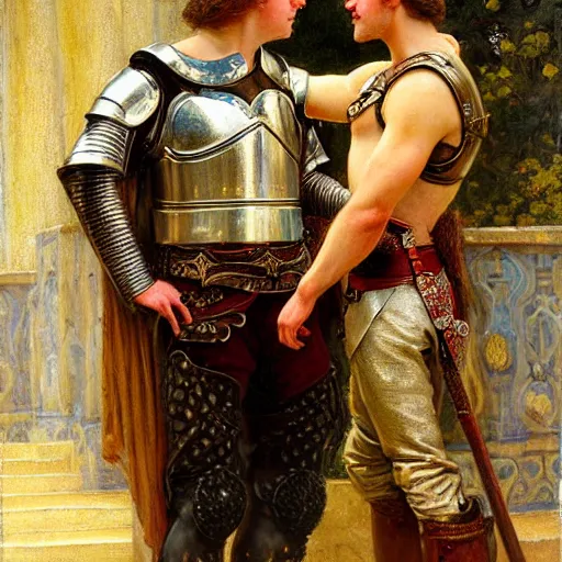 Image similar to attractive fully clothed arthur pendragon confesses his love for his attractive fully clothed male knight. highly detailed painting by gaston bussiere and j. c. leyendecker 8 k