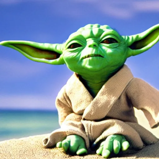 Image similar to a photo of yoda in a swimsuit at the beach