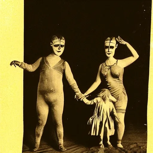 Image similar to 1930s photograph of freak show, sepia, grainy photo