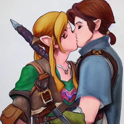 Prompt: female link and malon kissing, concept art