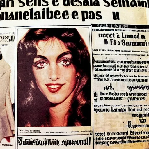 Image similar to front page of a French newspaper from 1977 with large headline declaring: Un scandale ! accompanied by a large photograph of brunette young beautiful fashionable slender pop star Daphne LaCroix covering her face from the flash of paparazzi bulbs