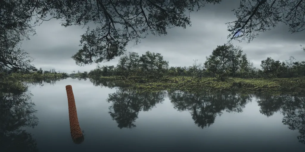 Prompt: centered photograph of a rope floating on the surface of the water, dark lake on a cloudy day, color film, trees in the background, hyper detailed photo, anamorphic lens