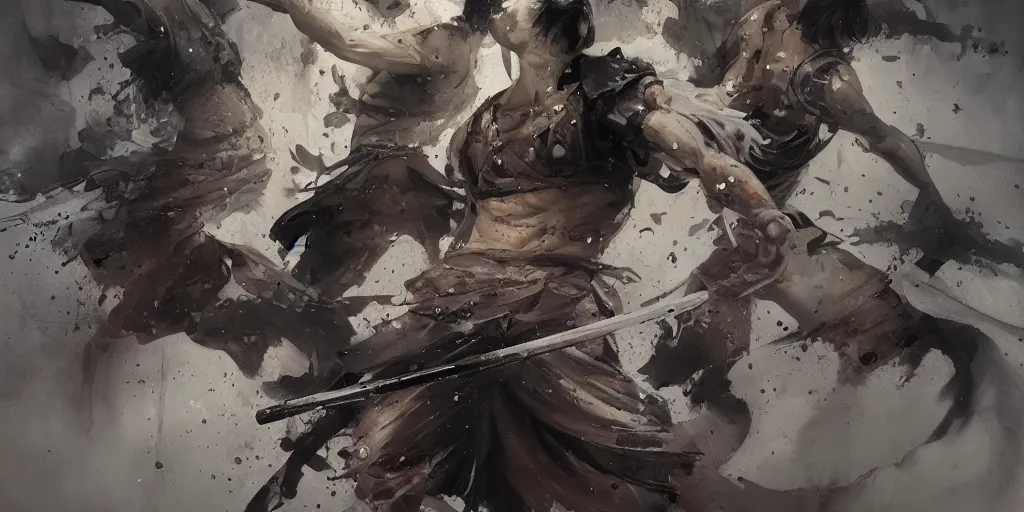 Image similar to highly detailed beautiful oil painting of japanese warriors, ink splash, sharp focus, dramatic, dynamic lighting, elegant, harmony, beauty, masterpiece, by riccardo federici, by james jean, by craig mullins, by jeremy mann, by makoto shinkai, by krenz cushart, by greg rutkowski, illustration, ink draw, pen, spatula