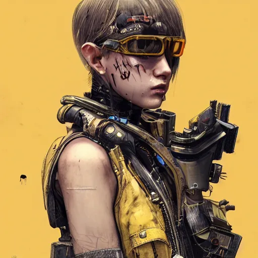 Image similar to highly detailed portrait of a post-cyberpunk young lady by Akihiko Yoshida, Greg Tocchini, 4k resolution, mad max inspired, yellow, black, brown and cyan color scheme