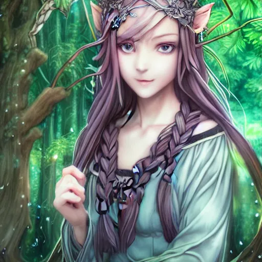 Prompt: happy elven mage in the forest, vvwvhya, thin silver glasses, intricate braided hair, plump body, manga panel by kosuke kurose, soft lighting, highly detailed face, cozy atmosphere, sharp focus, artstation, secret of mana, sophie anderson, arnold armitage, loish