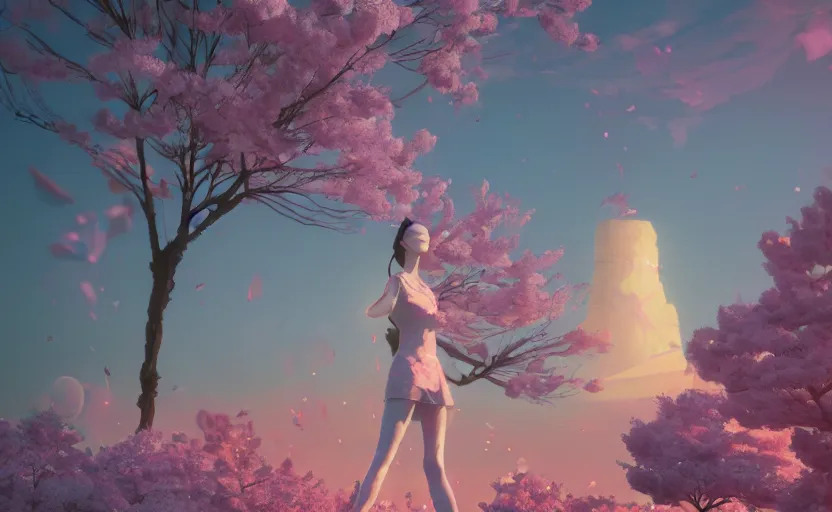 Prompt: goddess of cherry blossoms, Low level, rendered by Beeple, Makoto Shinkai, syd meade, simon stålenhag,, synthwave style, digital art, unreal engine, WLOP, trending on artstation, 4K UHD image, octane render,