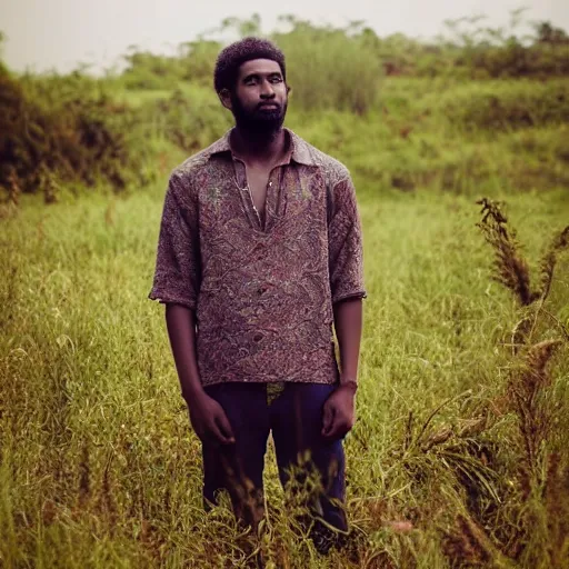 Prompt: east african male, curly hair, muslim, in vast field, beautiful scenery, nature, vintage, dreamy, pastel, thoughtful, intricate details