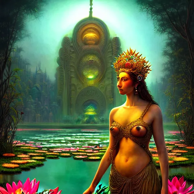 Image similar to Beautiful 3d render of the flower queen goddess near a pond full of lotus, atmospheric lighting, painted, intricate, volumetric lighting, beautiful, rich deep colours masterpiece, sharp focus, ultra detailed, in the art style of Dan Mumford and marc simonetti, with a clear crowded futuristic cyberpunk dubai city in the background, astrophotography