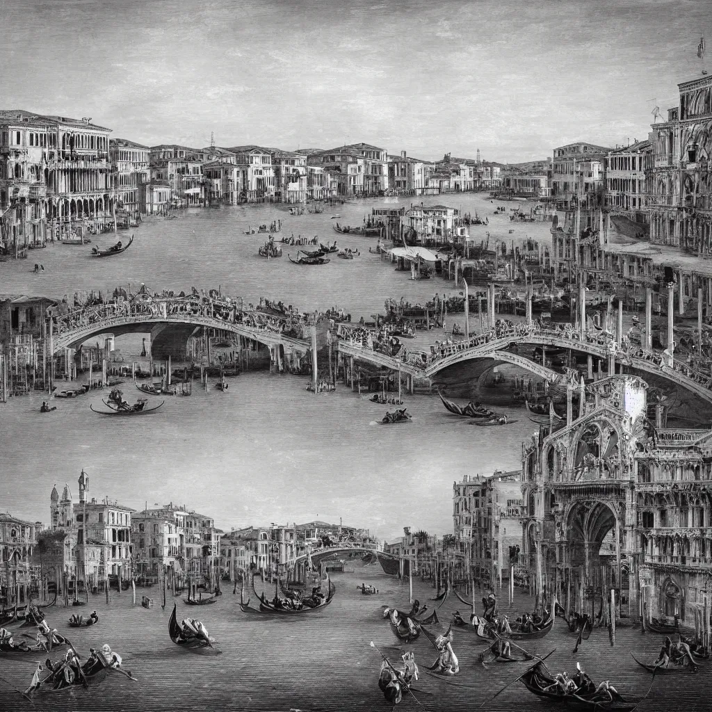 Image similar to wide angle photo of venice bridges by piranesi
