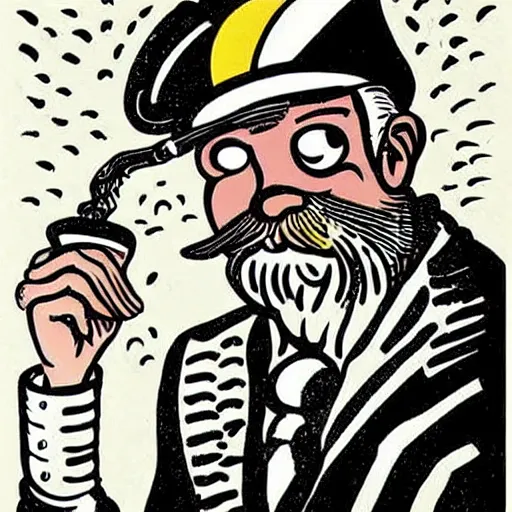 Prompt: colorful!!!!! mcbess illustration of an old sailorman smoking pipe